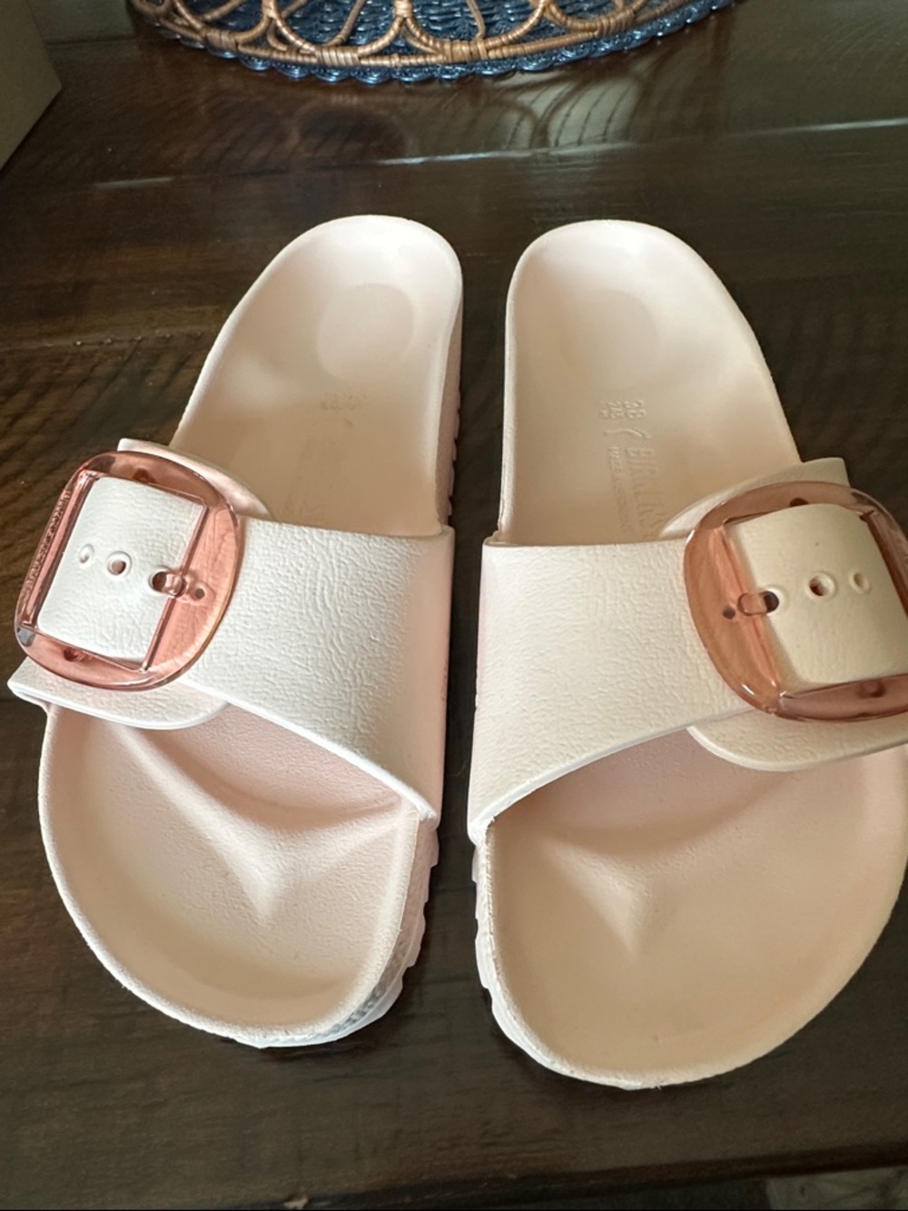 Birkenstock Pink Slide Sandals with Rose Gold Buckle